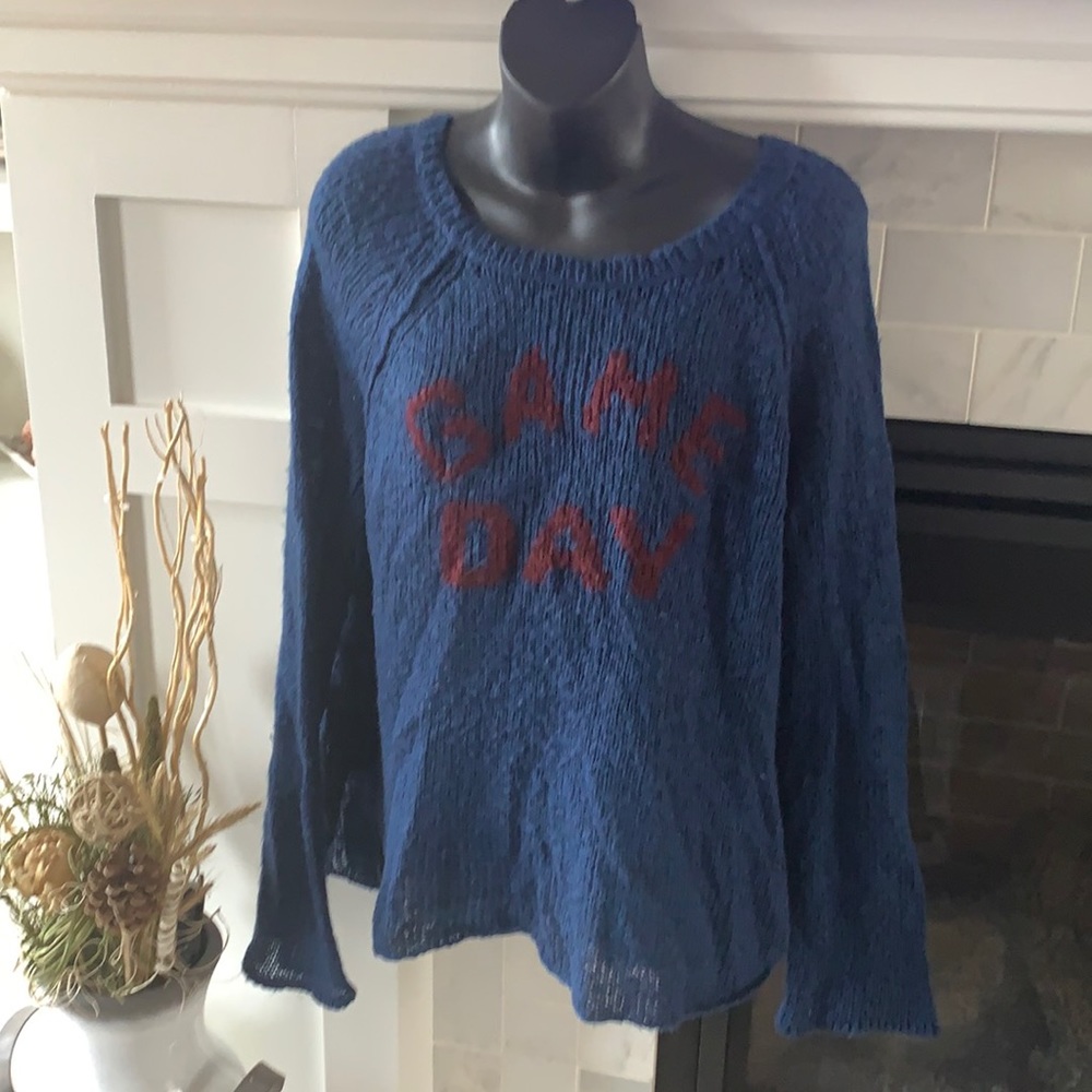Wooden Ships GAME DAY raglan handmade sweater. Navy with deep red lettering.